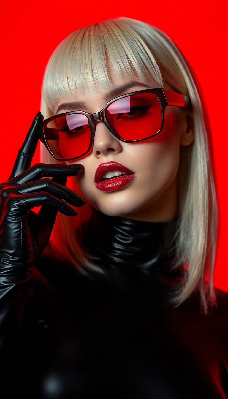 Best Dazzling AI Y2K Woman Fashion Model in Black and Red Phone Scenic Background